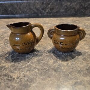 Vtg Old Museum Village Monroe NY Mini Brown Glazed‎ Pottery Creamer & Sugar